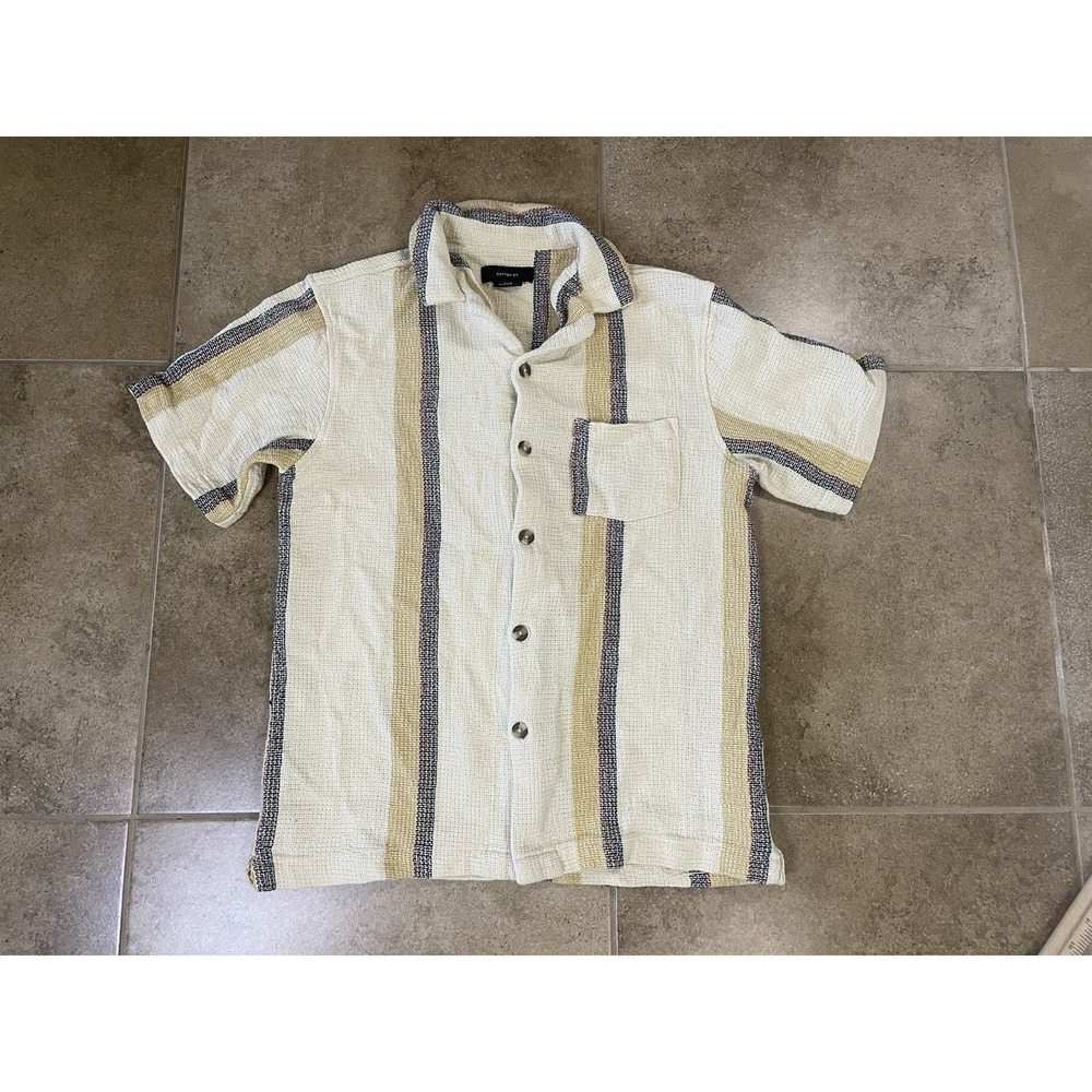 Cotton On Palm Shirt Beige Mens Sz S Small Easy Stripe Open Knit Camp Collar